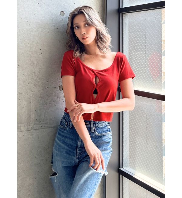 GYDA「フロントホールカットトップス」|Tシャツ・カットソー|レッド