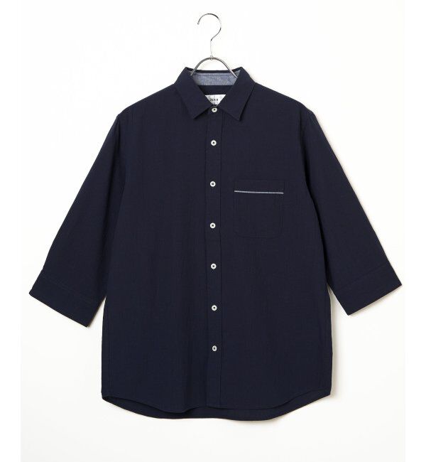 ikka「7分袖楊柳パイピングシャツ」|シャツ・ブラウス|ネイビー