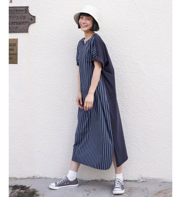Lbc with Life「布帛切り替えキーネックワンピース」|ワンピース|ネイビー