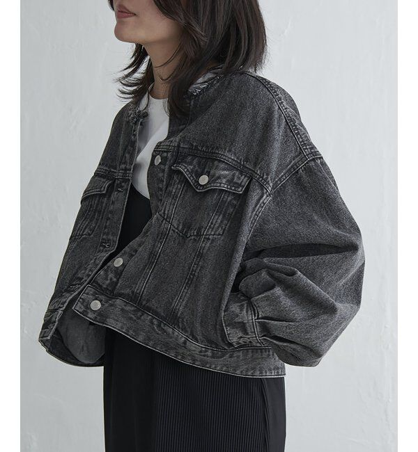 VENCE share style「デニムノーカラーGジャン」|ブルゾン・スタジャン|ブラック