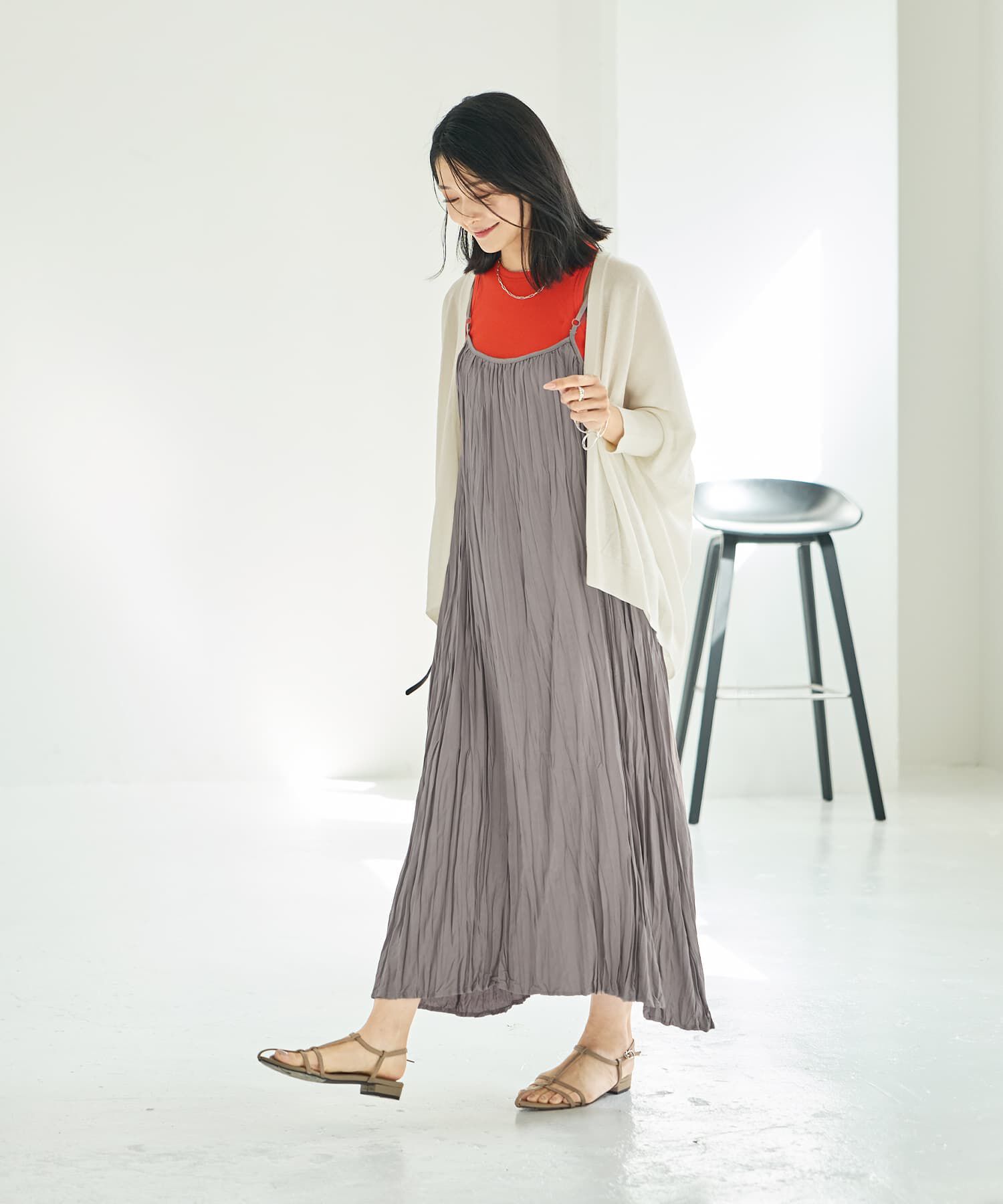 STYLE DELI「ランダムプリーツロングキャミワンピース」|ワンピース|モカグレー