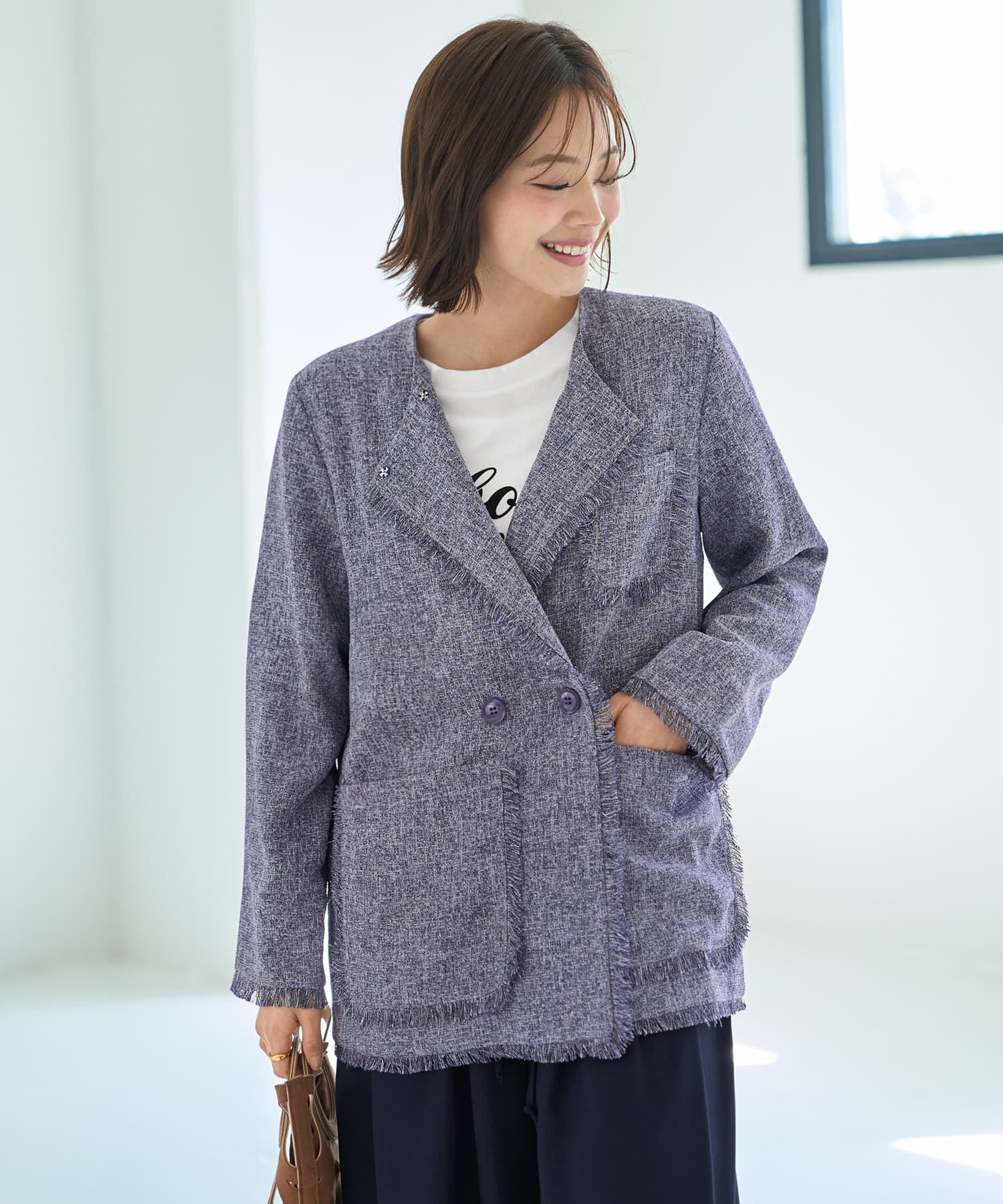 STYLE DELI「サマーツイードポケットジャケット」|ノーカラージャケット|ネイビー