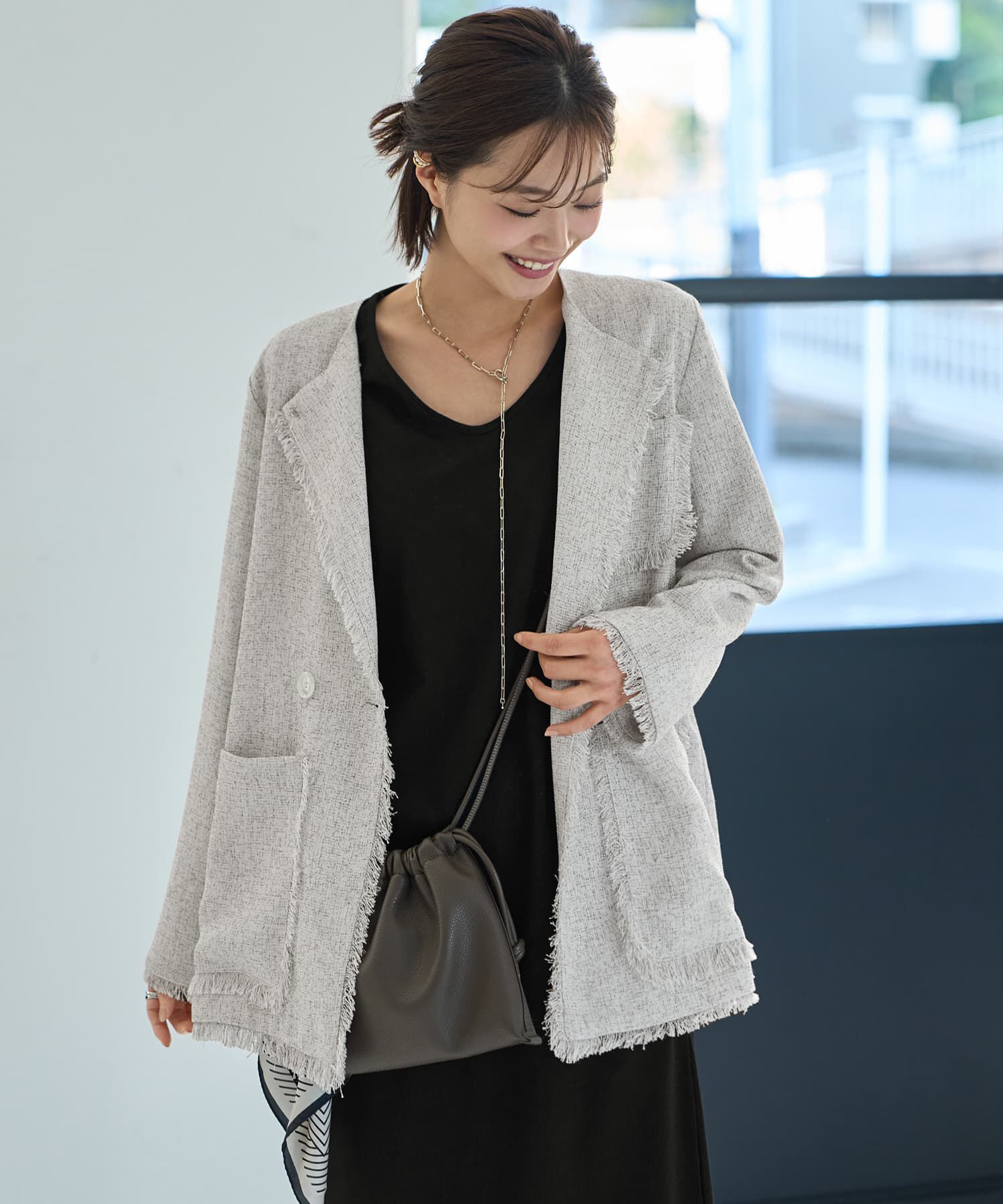 STYLE DELI「サマーツイードポケットジャケット」|ノーカラージャケット|ブライトグレー