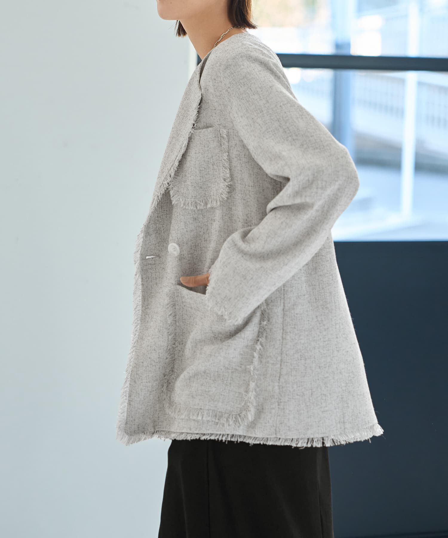 STYLE DELI「サマーツイードポケットジャケット」|ノーカラージャケット|