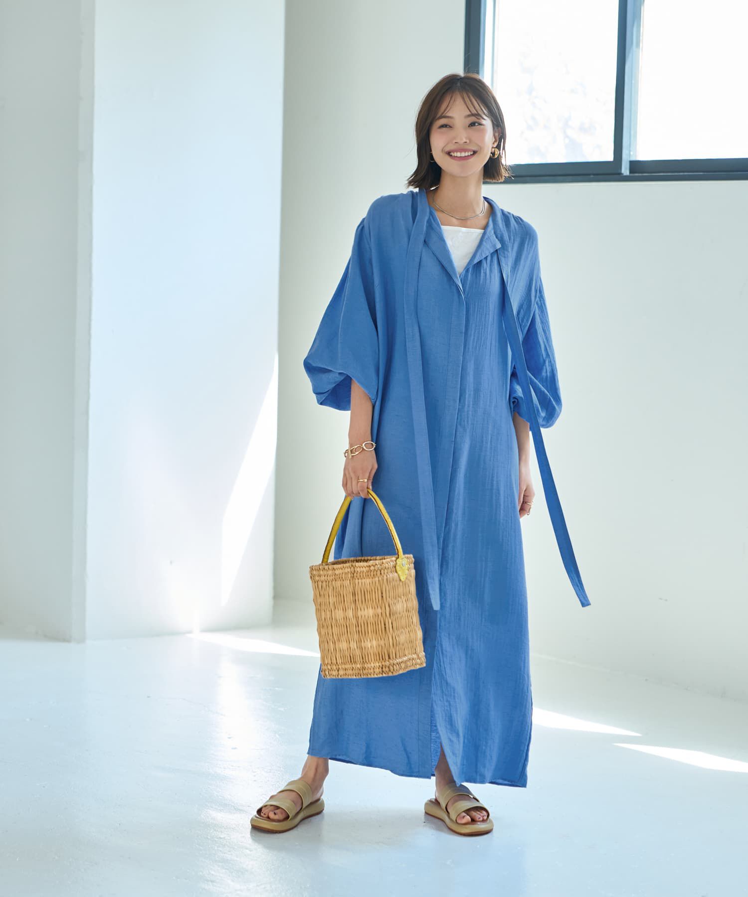STYLE DELI「綿麻混紡ロングボウタイギャザーワンピース」|ワンピース|ブルー