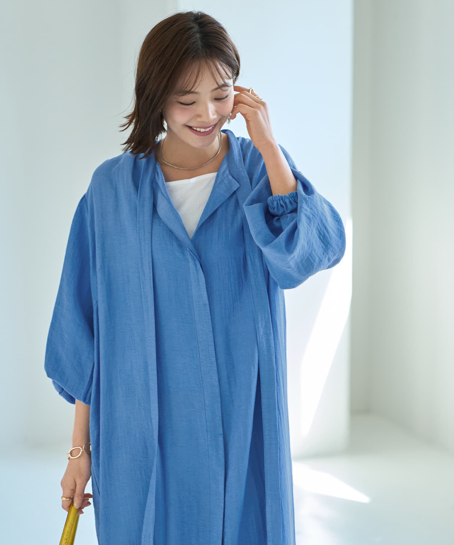 STYLE DELI「綿麻混紡ロングボウタイギャザーワンピース」|ワンピース|