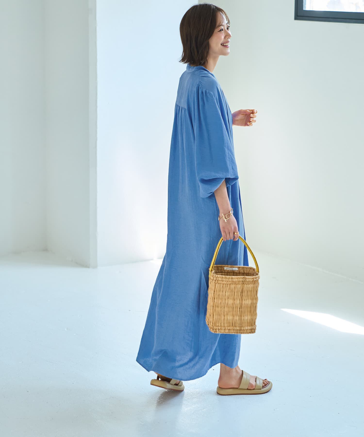 STYLE DELI「綿麻混紡ロングボウタイギャザーワンピース」|ワンピース|