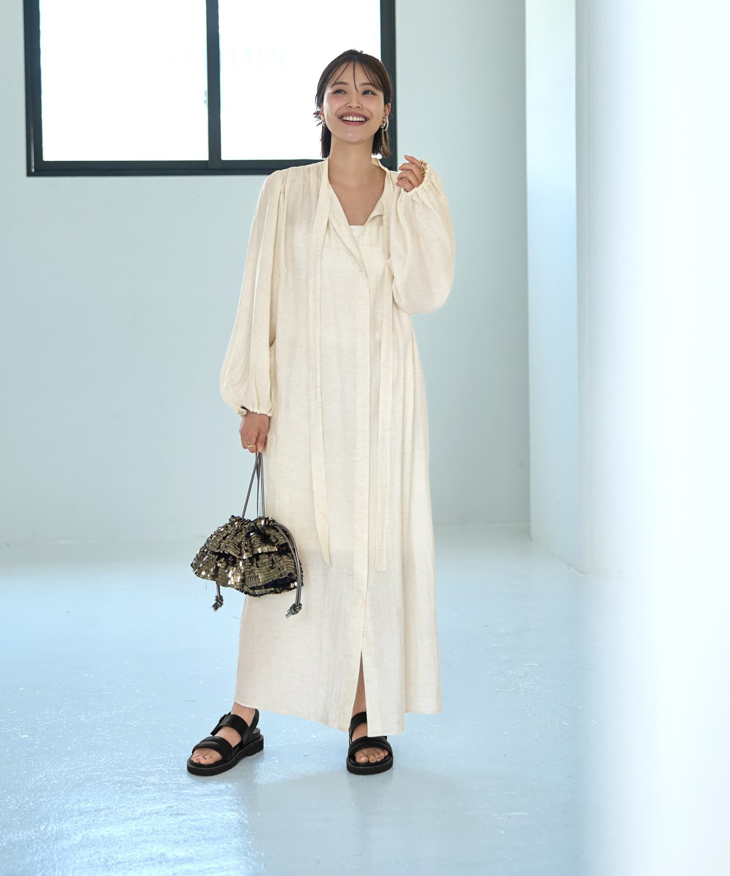 STYLE DELI「綿麻混紡ロングボウタイギャザーワンピース」|ワンピース|エクリュ