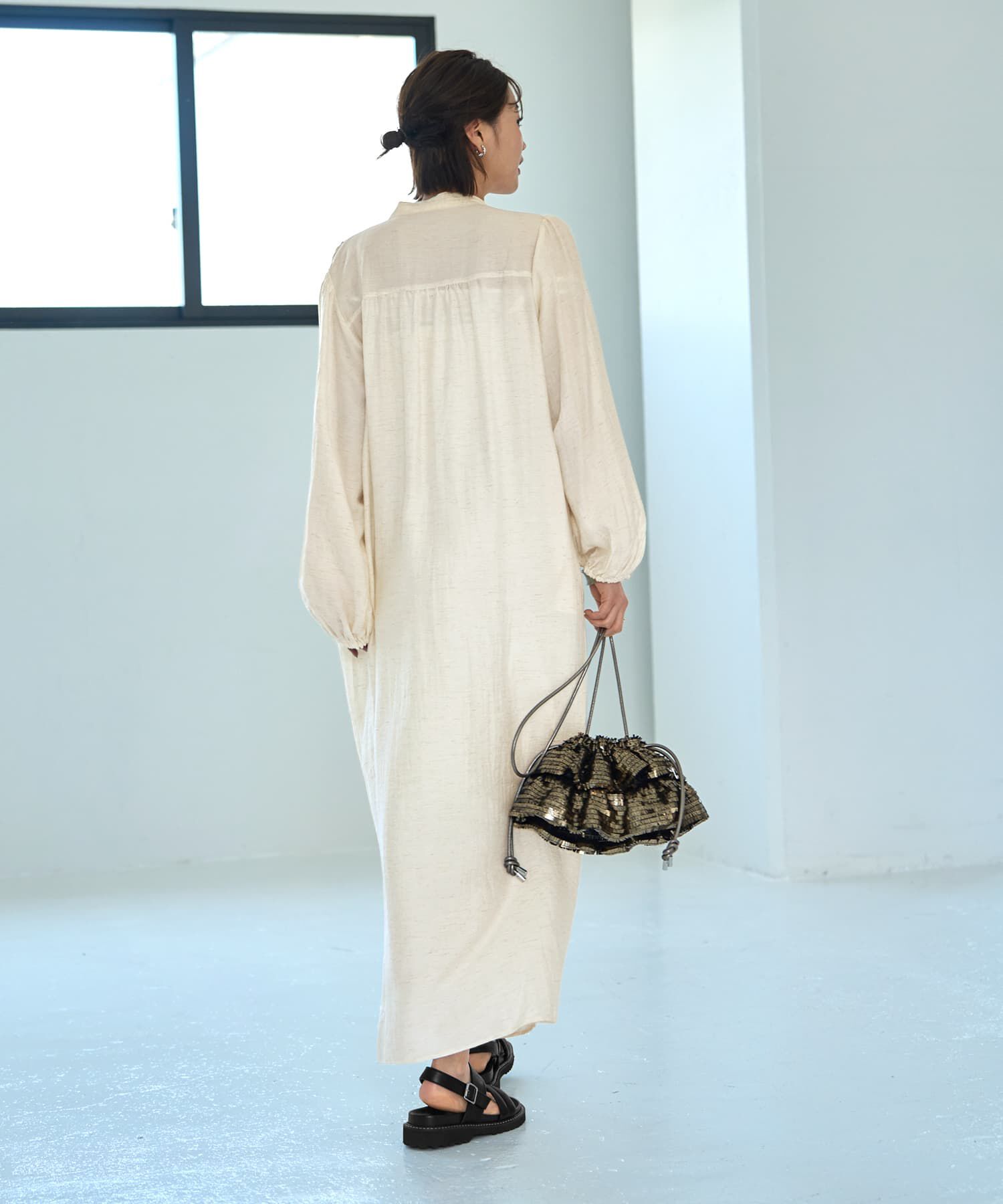 STYLE DELI「綿麻混紡ロングボウタイギャザーワンピース」|ワンピース|