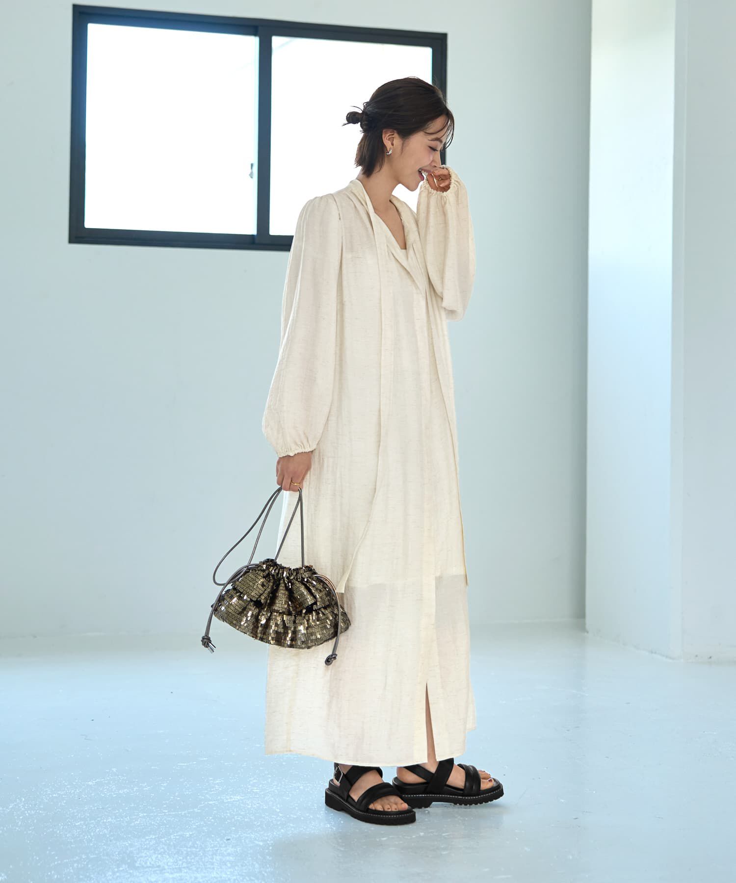 STYLE DELI「綿麻混紡ロングボウタイギャザーワンピース」|ワンピース|