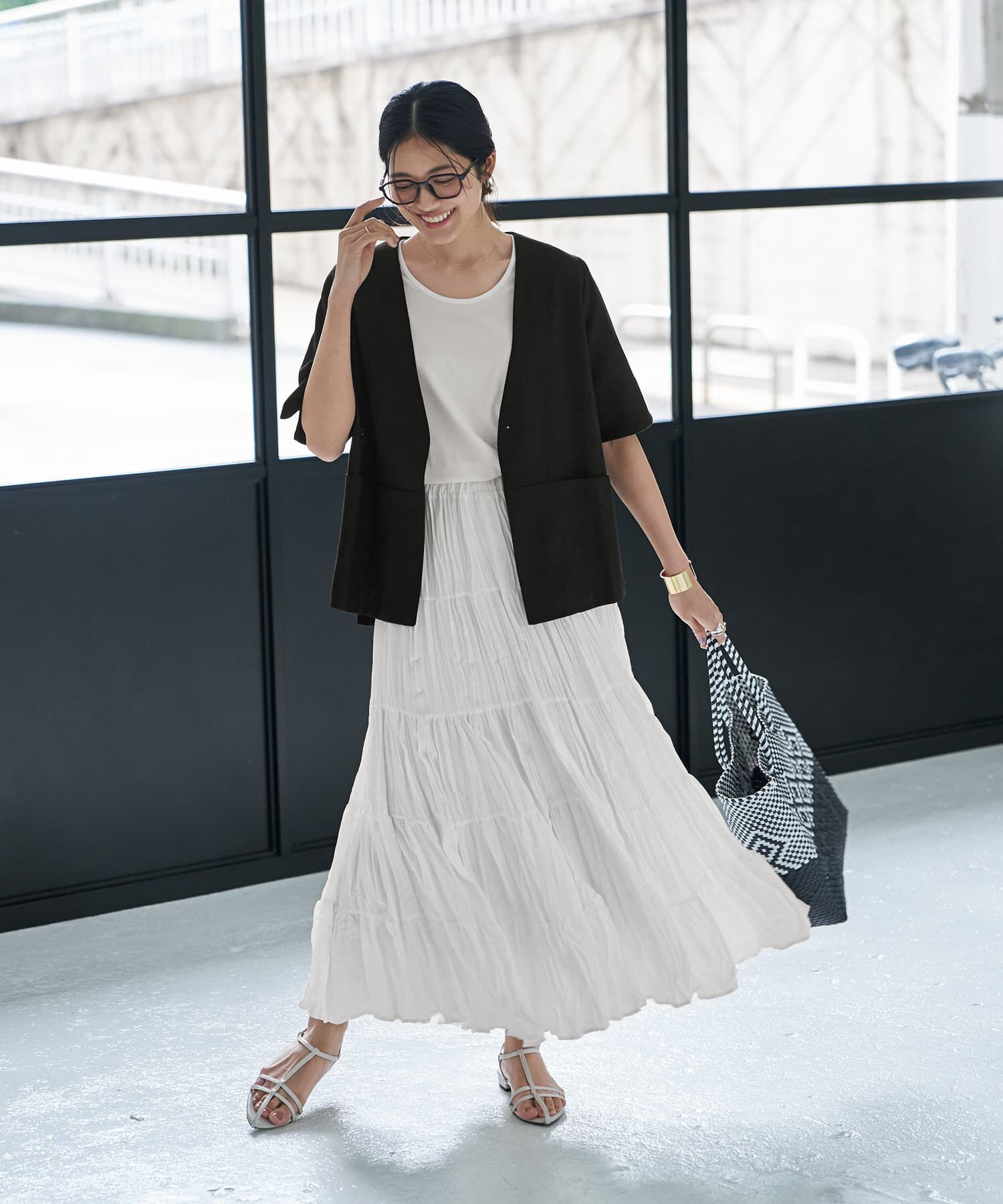 STYLE DELI「綿麻ノーカラー５分袖ジャケット」|ノーカラージャケット|