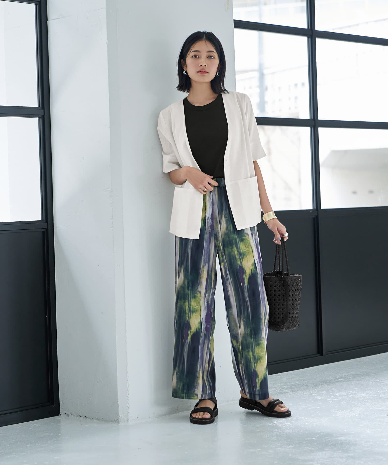 STYLE DELI「綿麻ノーカラー５分袖ジャケット」|ノーカラージャケット|