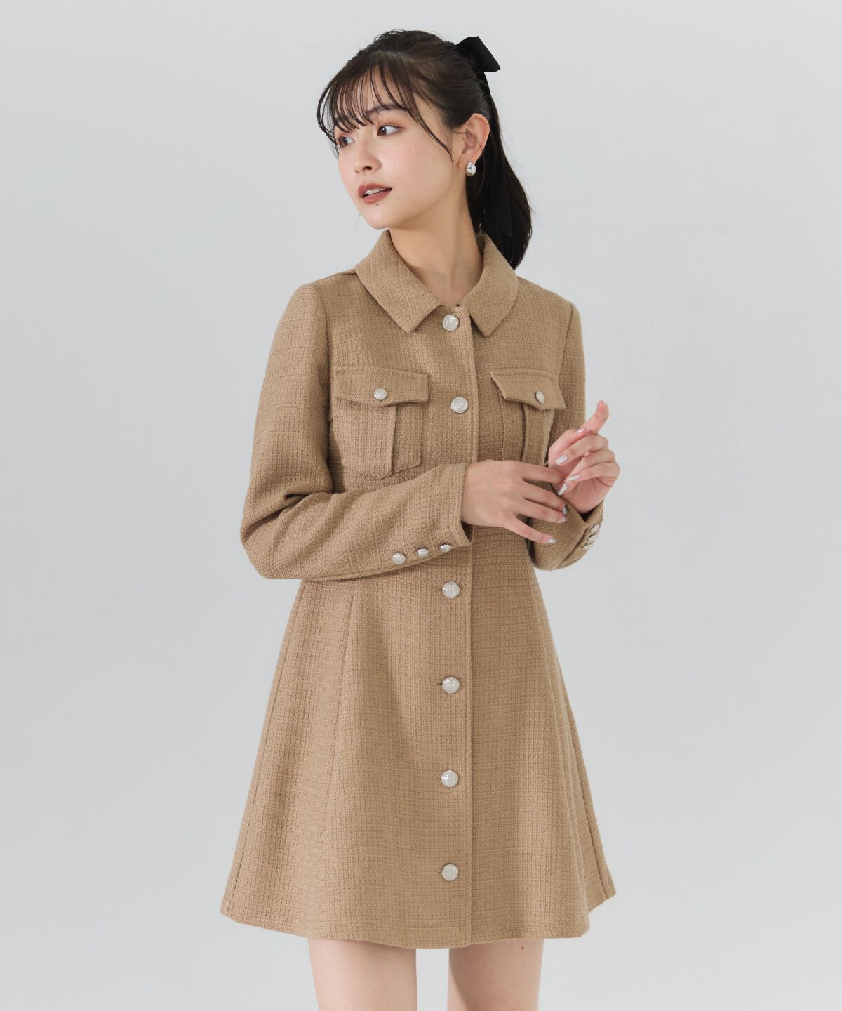 REDYAZEL「ファンシーツイードミニシャツワンピース」|ワンピース|カーキ