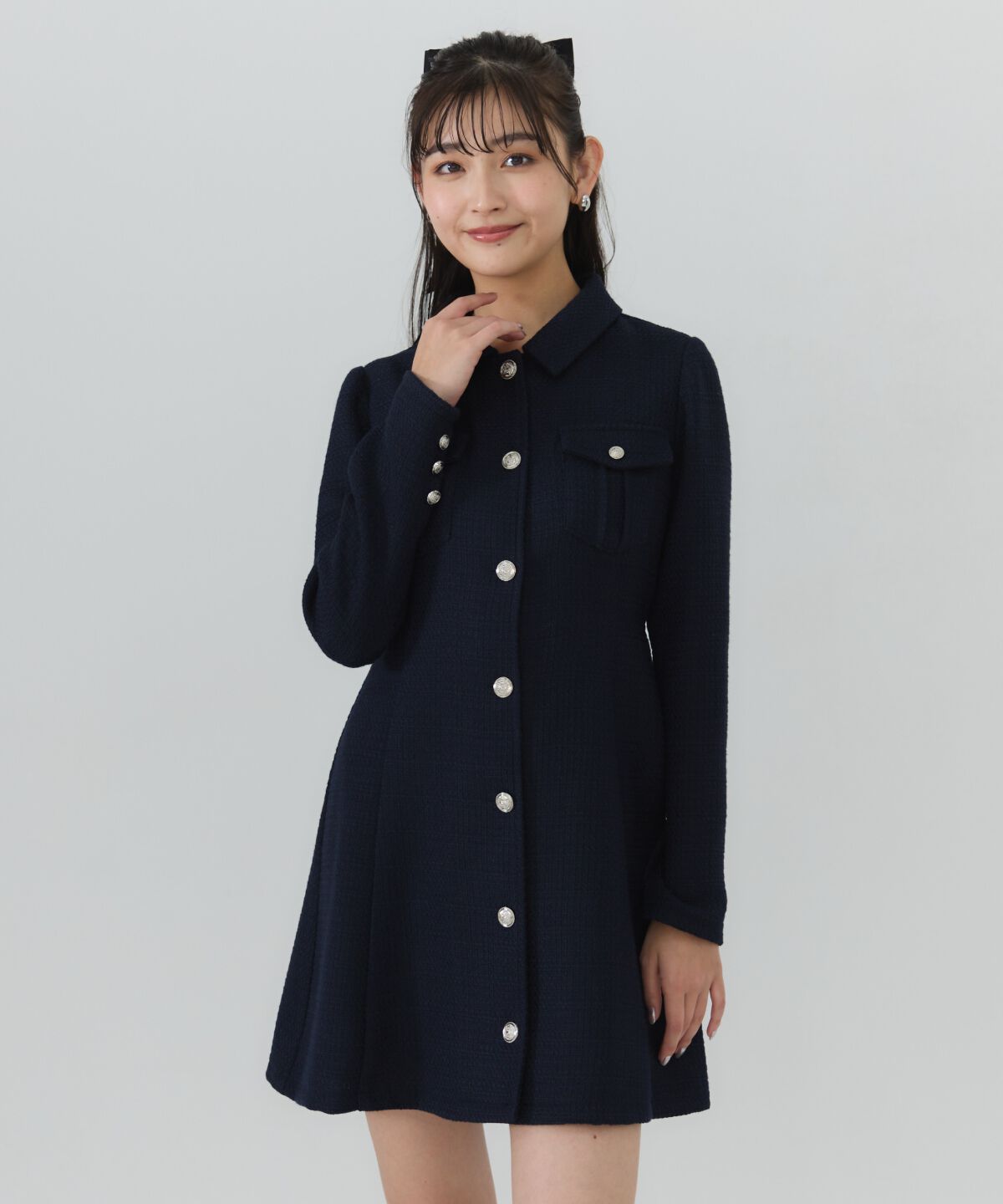 REDYAZEL「ファンシーツイードミニシャツワンピース」|ワンピース|ネイビー
