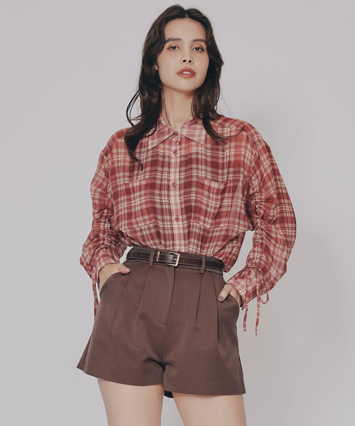 REDYAZEL「ハイウエストタックショートパンツ」|キュロット|ブラウン