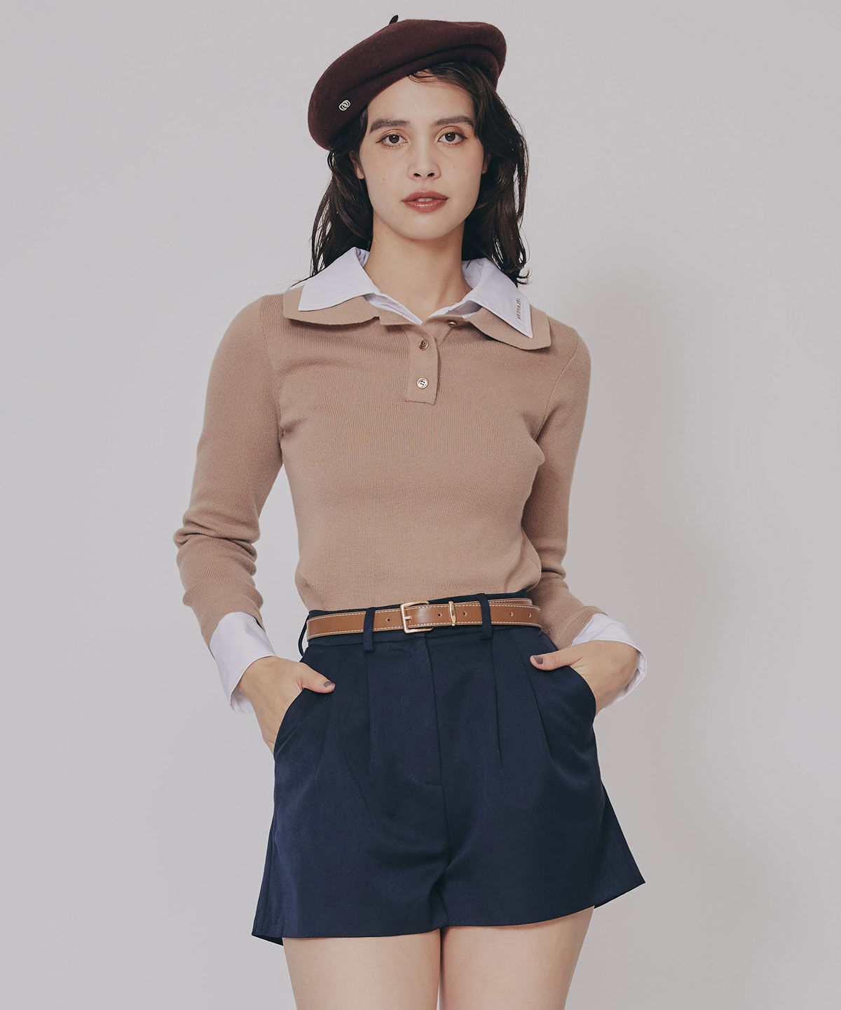 REDYAZEL「ハイウエストタックショートパンツ」|キュロット|ネイビー