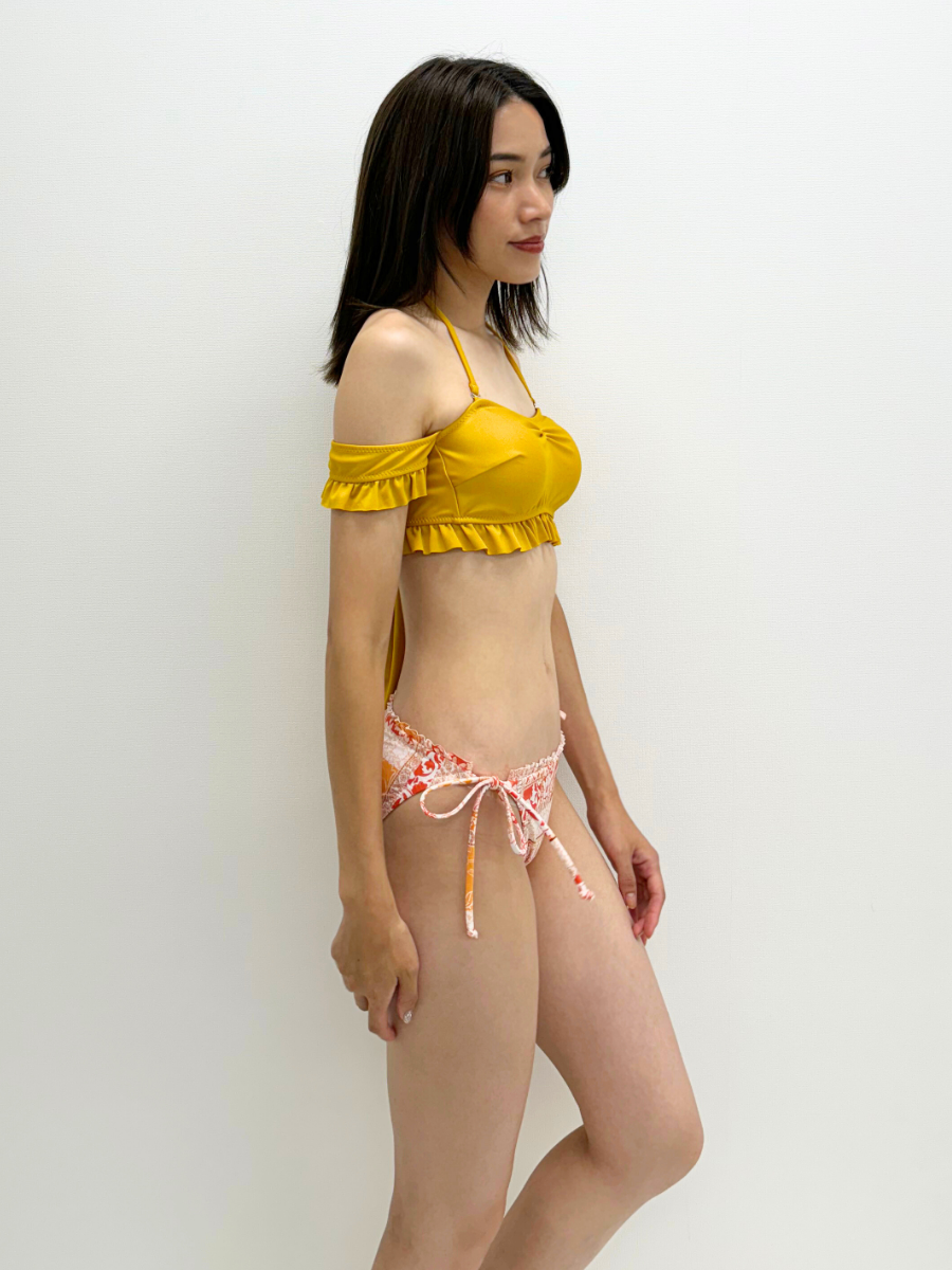 PEAK&PINE「無地&times;エスニック柄袖付きフリルバンドゥビキニ」|ビキニ|イエロー