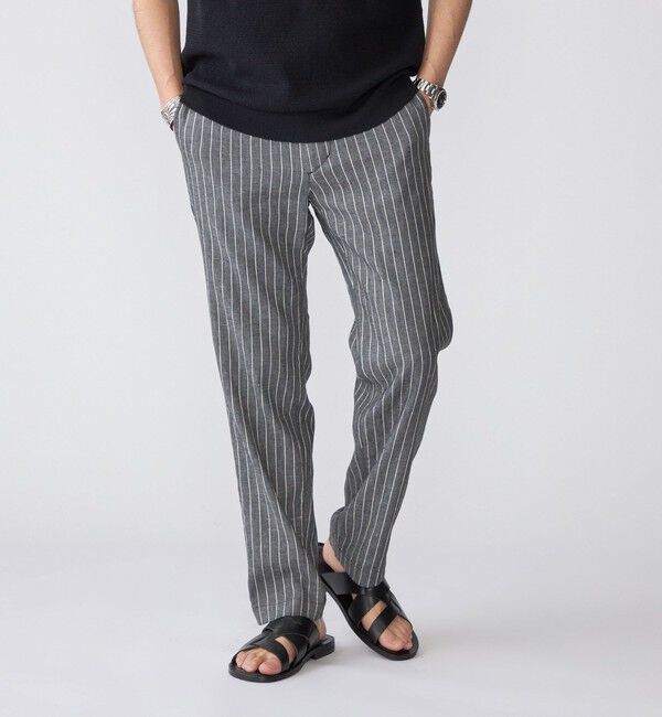 SHIPS「SHIPS: SOLOTEX(R) サフィランリネン ストライプ/チェック イージー パンツ」|チノ|ダークグレー