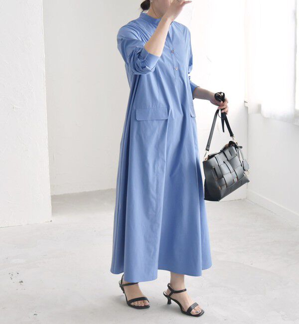quaranciel「quaranciel:〈洗濯機可能〉タイプライターライク スタンドカラー シャツワンピース」|ワンピース|ブルー