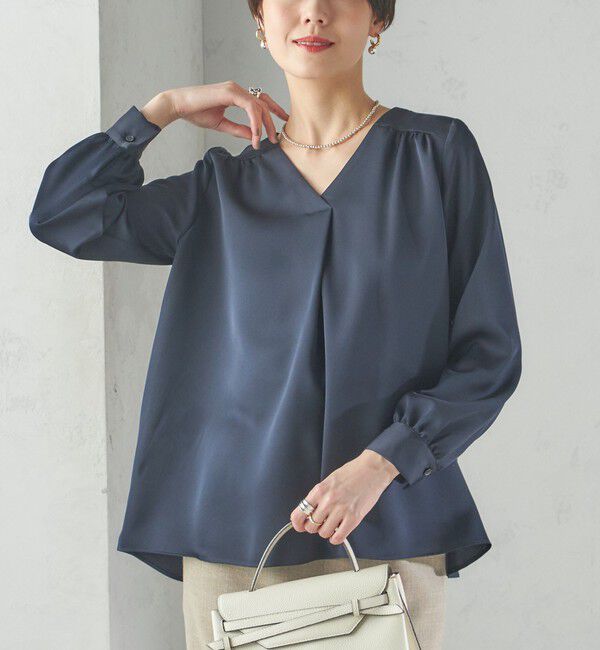 SHIPS for women「〈手洗い可能〉バックサテン Vネック ロング スリーブ ブラウス」|シャツ・ブラウス|ネイビー