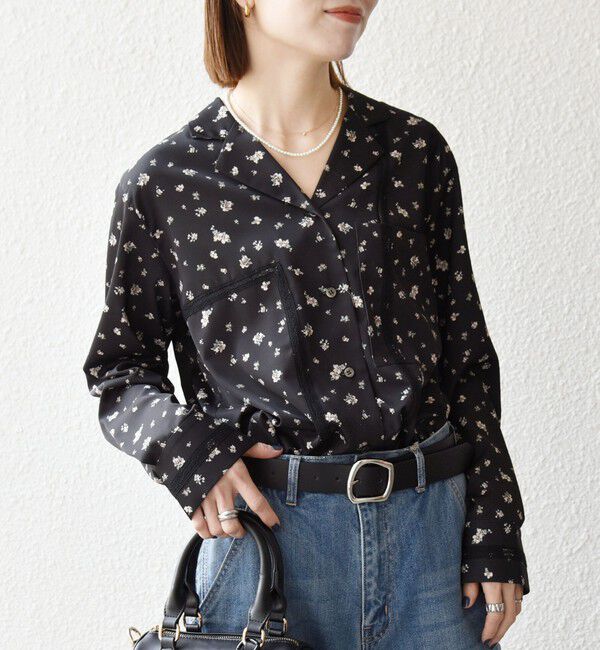 SHIPS any「《予約》SHIPS any:〈洗濯機可能〉フラワー プリント オープンカラー シャツ」|シャツ・ブラウス|ブラック