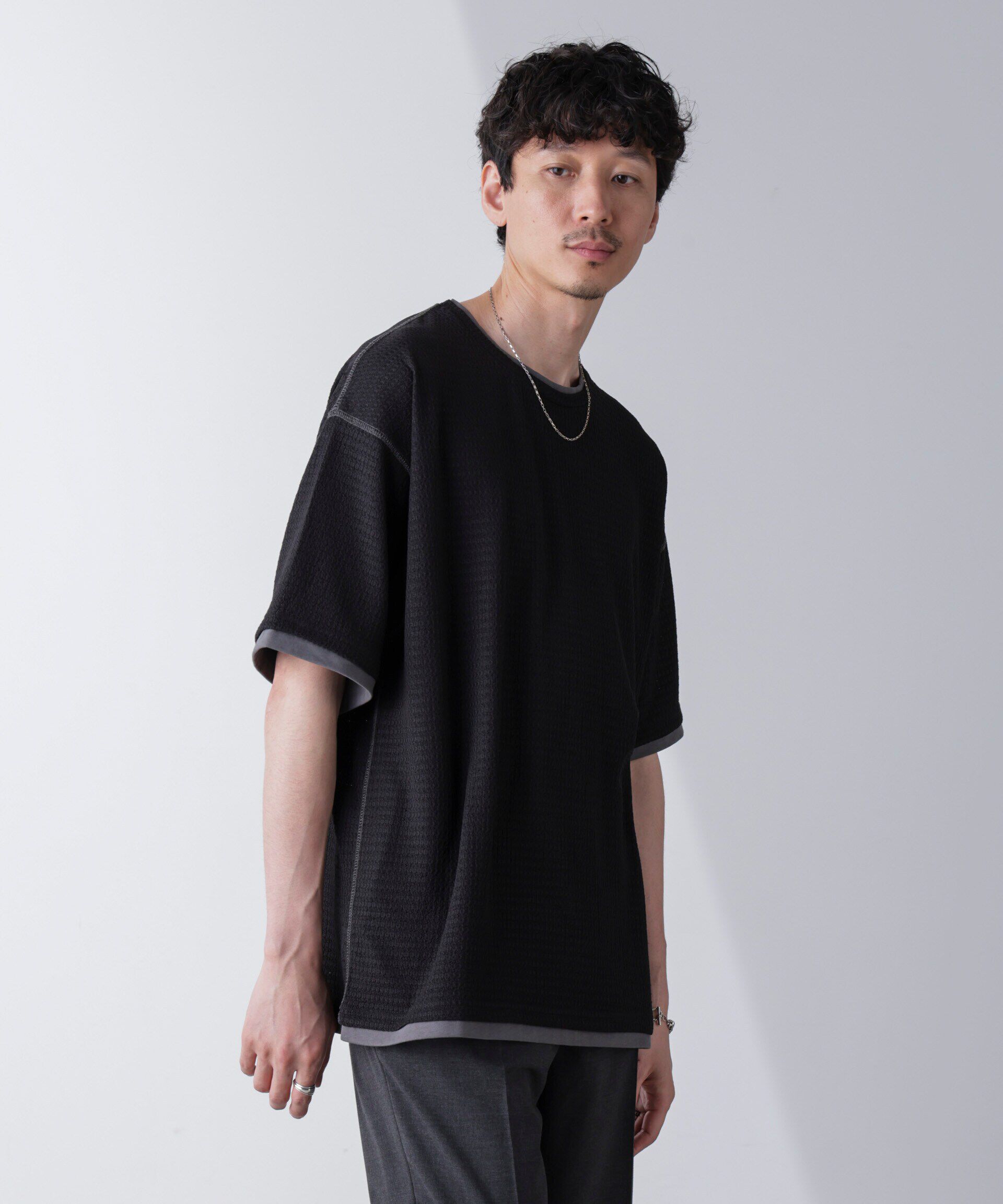 nano･universe「カラーステッチジャガードTシャツ 半袖」|Tシャツ・カットソー|ブラック