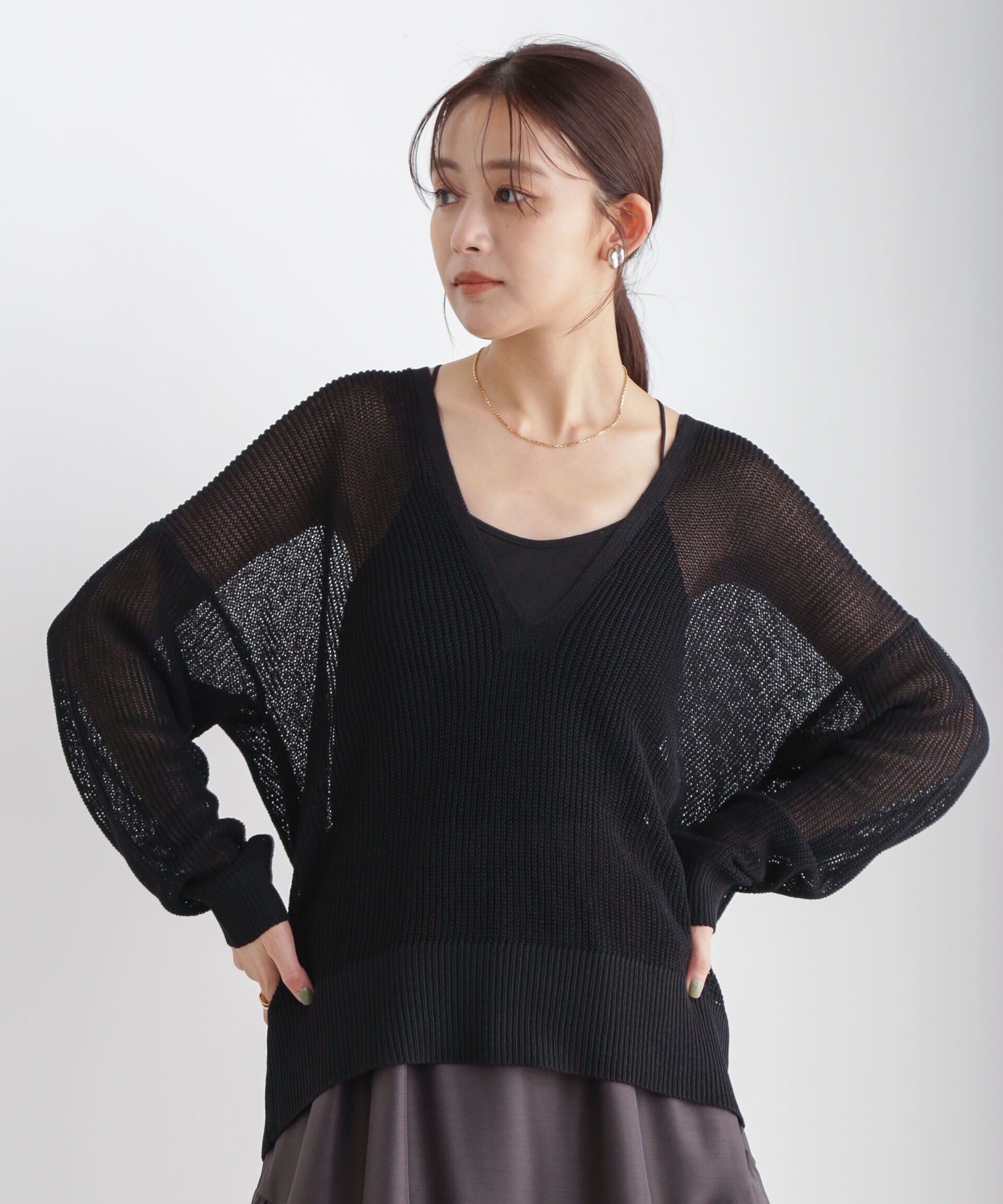 nano･universe「DeepVネックシアー畔ニット」|ニット・セーター|