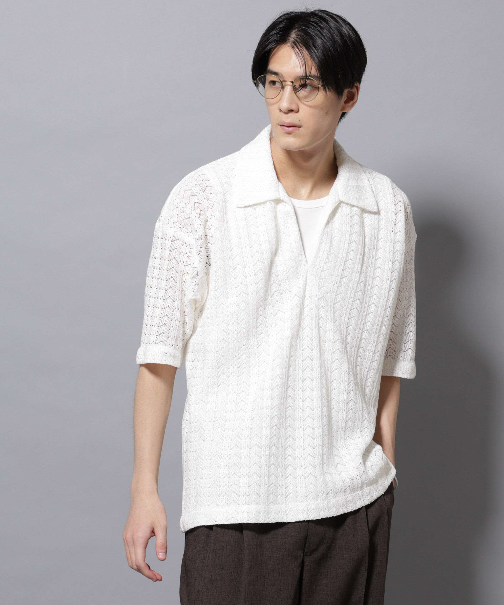 nano･universe「メッシュラッセル スキッパーポロ」|ニット・セーター|ホワイト