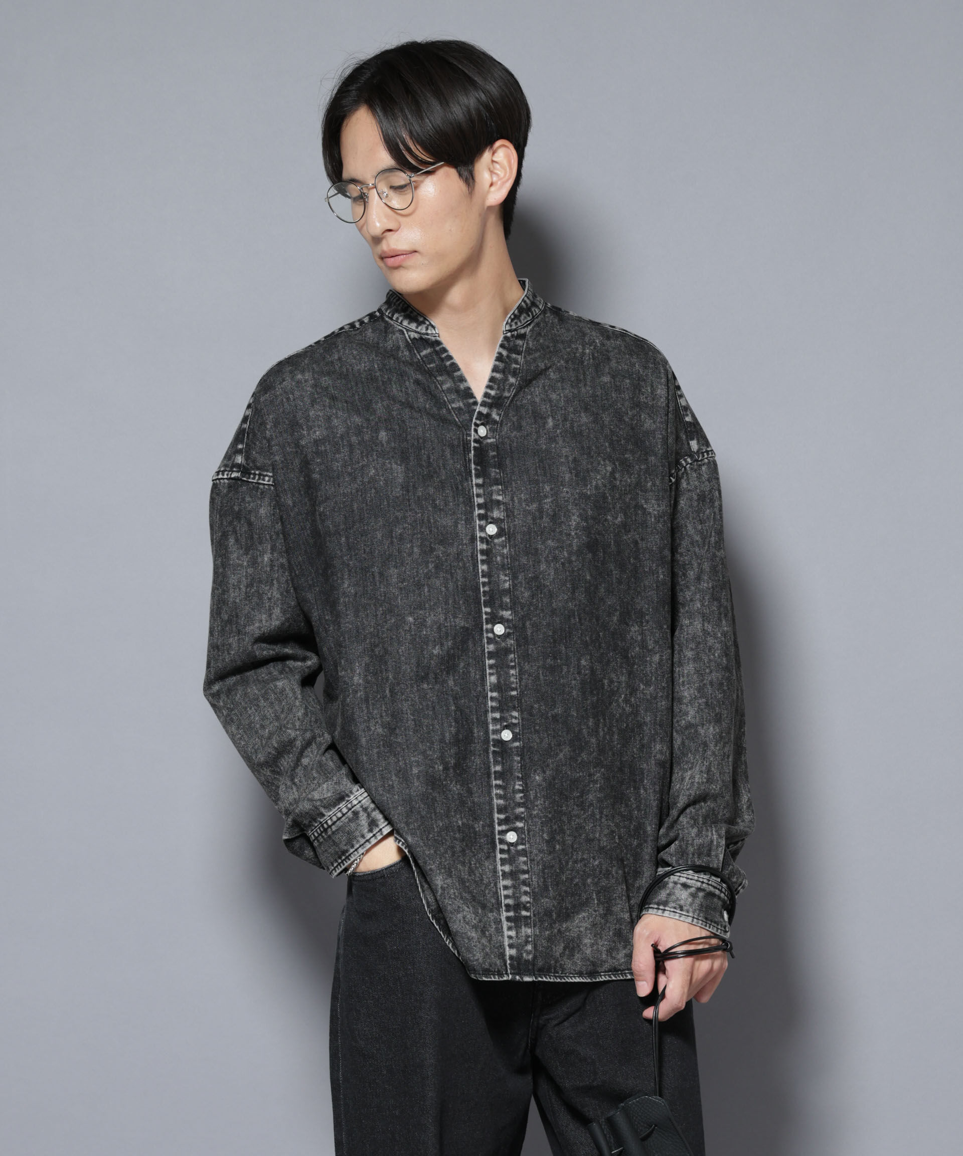 nano･universe「「大人のワイドシャツ」バンドカラーデニム 長袖」|シャツ・ブラウス|