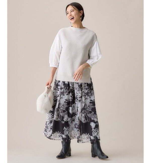 自由区「【ウエストゴム・洗える】ピオニーフローラルプリント  スカート」|スカート|