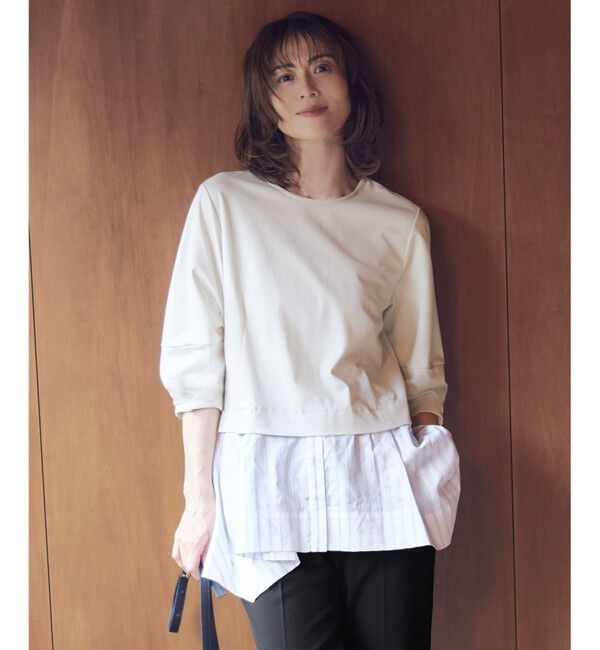 自由区「【洗える】カラミストライプコンビジャージ トップス」|Tシャツ・カットソー|ベージュ