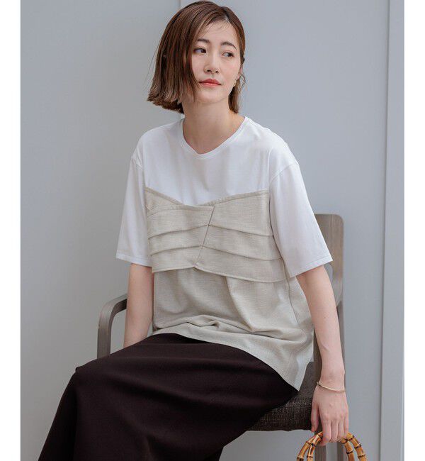 23区「【WEB限定カラーあり/洗える】スムースデザイン コンビ カットソー」|Tシャツ・カットソー|ベージュ系