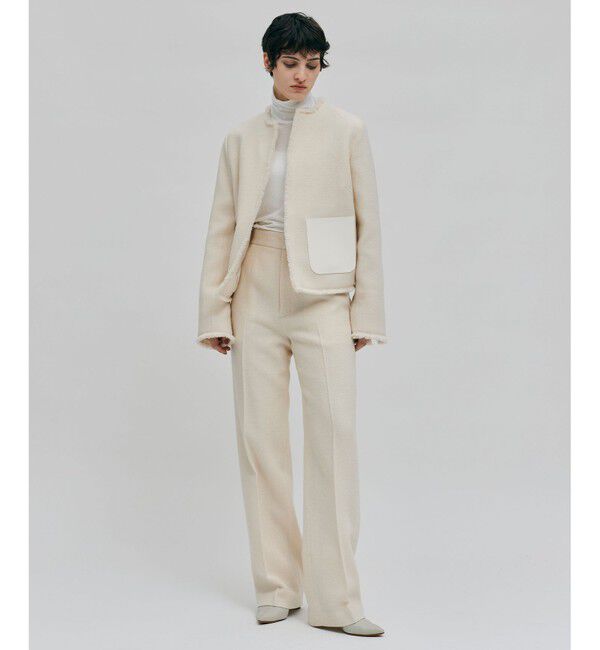 BEIGE,「MILLAM / フェイクレザーパッチツイードジャケット」|ノーカラージャケット|