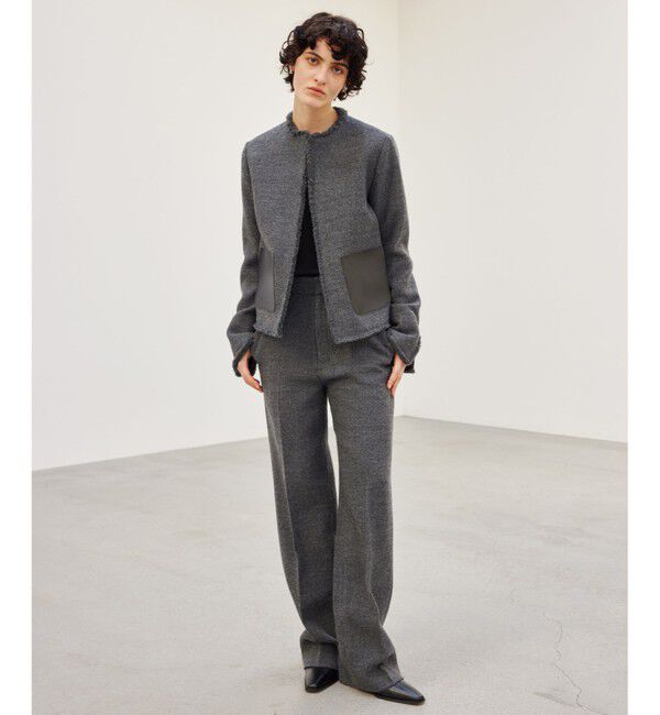 BEIGE,「MILLAM / フェイクレザーパッチツイードジャケット」|ノーカラージャケット|