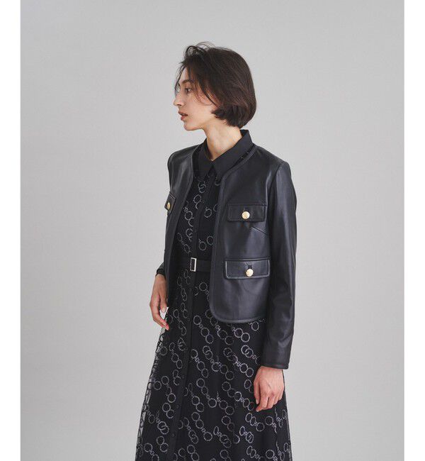 「ノーカラーフラップレザージャケット」|ライダースジャケット|ブラック