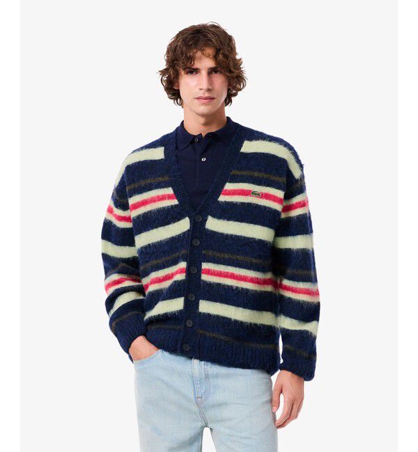 LACOSTE「アルパカブレンドボーダーニットカーディガン」|カーディガン|ネイビー