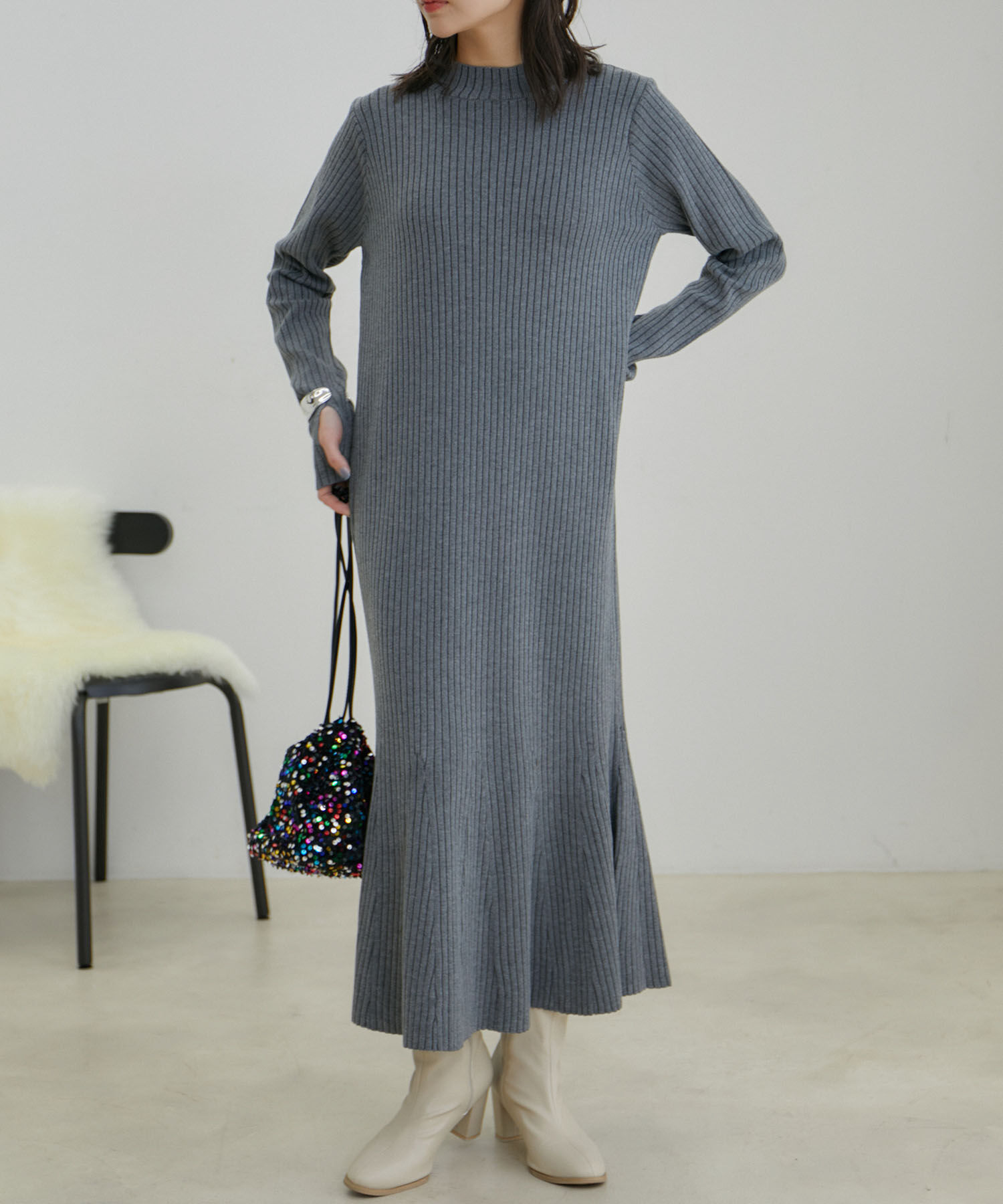 VIS「【WEB限定】針抜きリブマーメイドニットワンピース」|ワンピース|グレー(07)