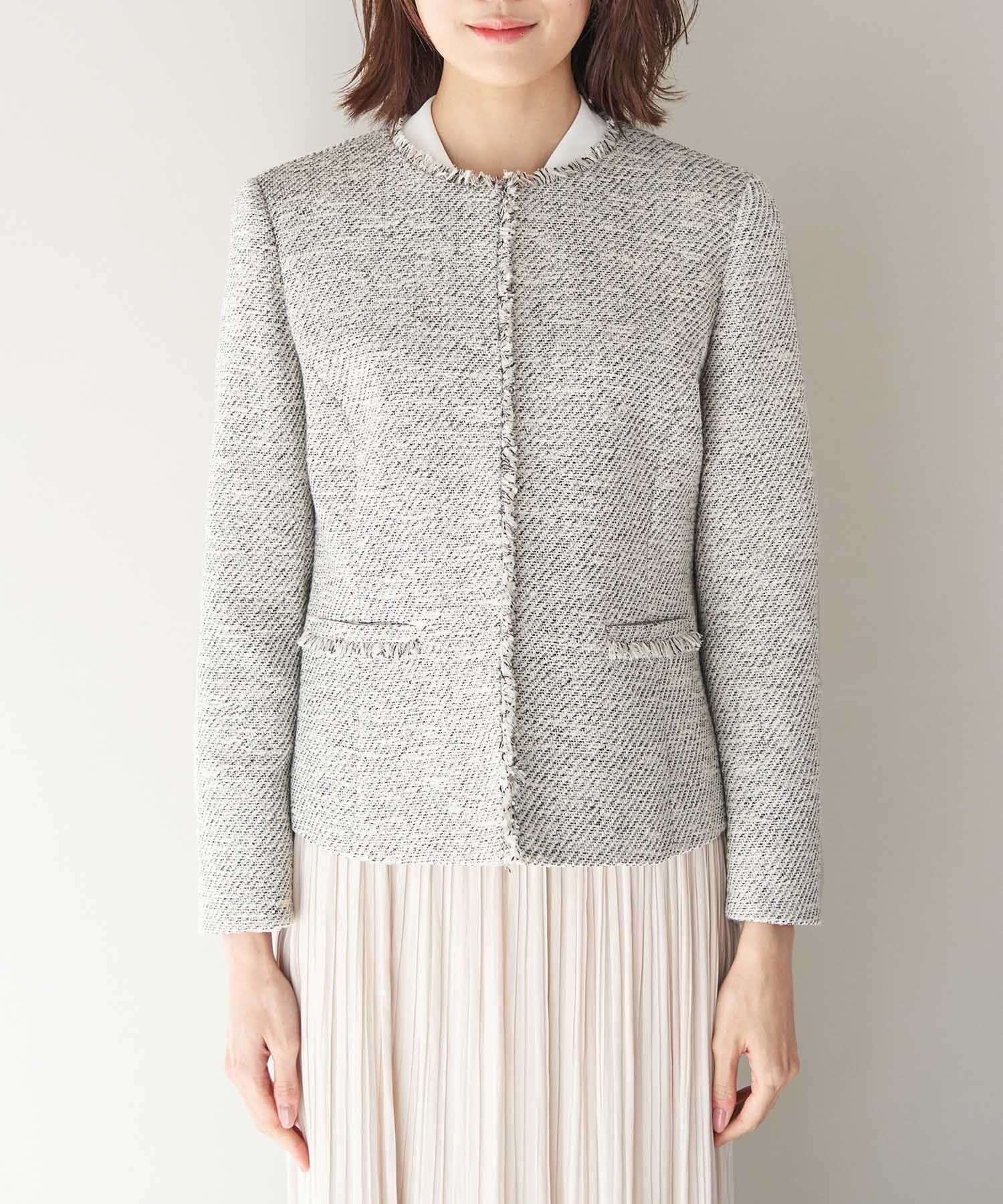 Rope&rsquo;Picnic「フリンジノーカラーツイードジャケット」|ノーカラージャケット|