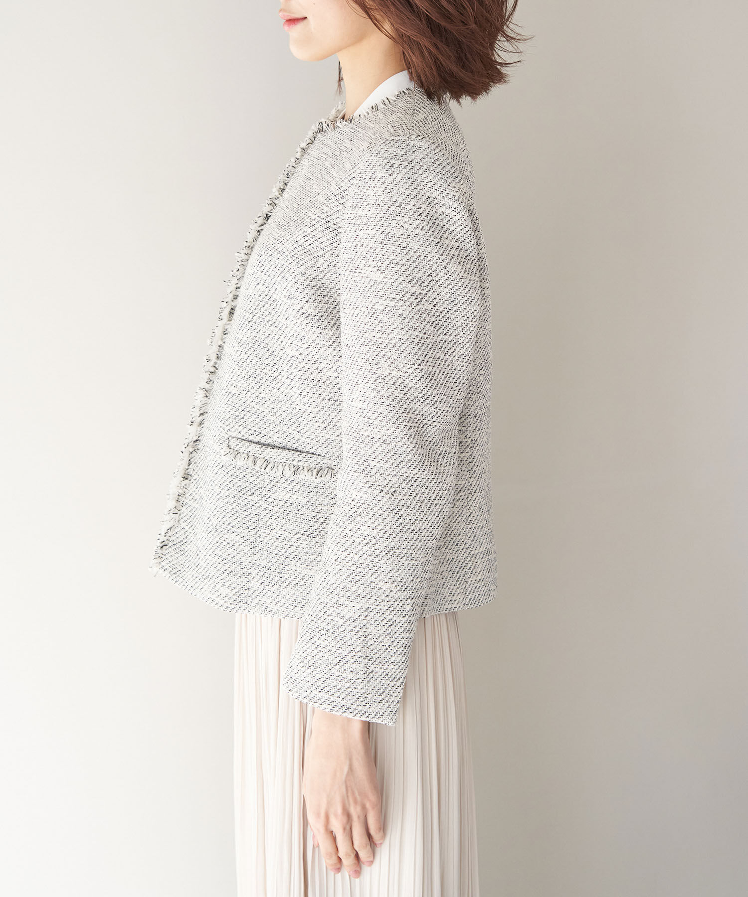 Rope&rsquo;Picnic「フリンジノーカラーツイードジャケット」|ノーカラージャケット|