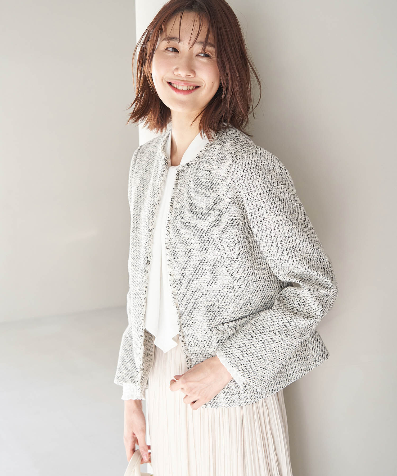 Rope&rsquo;Picnic「フリンジノーカラーツイードジャケット」|ノーカラージャケット|