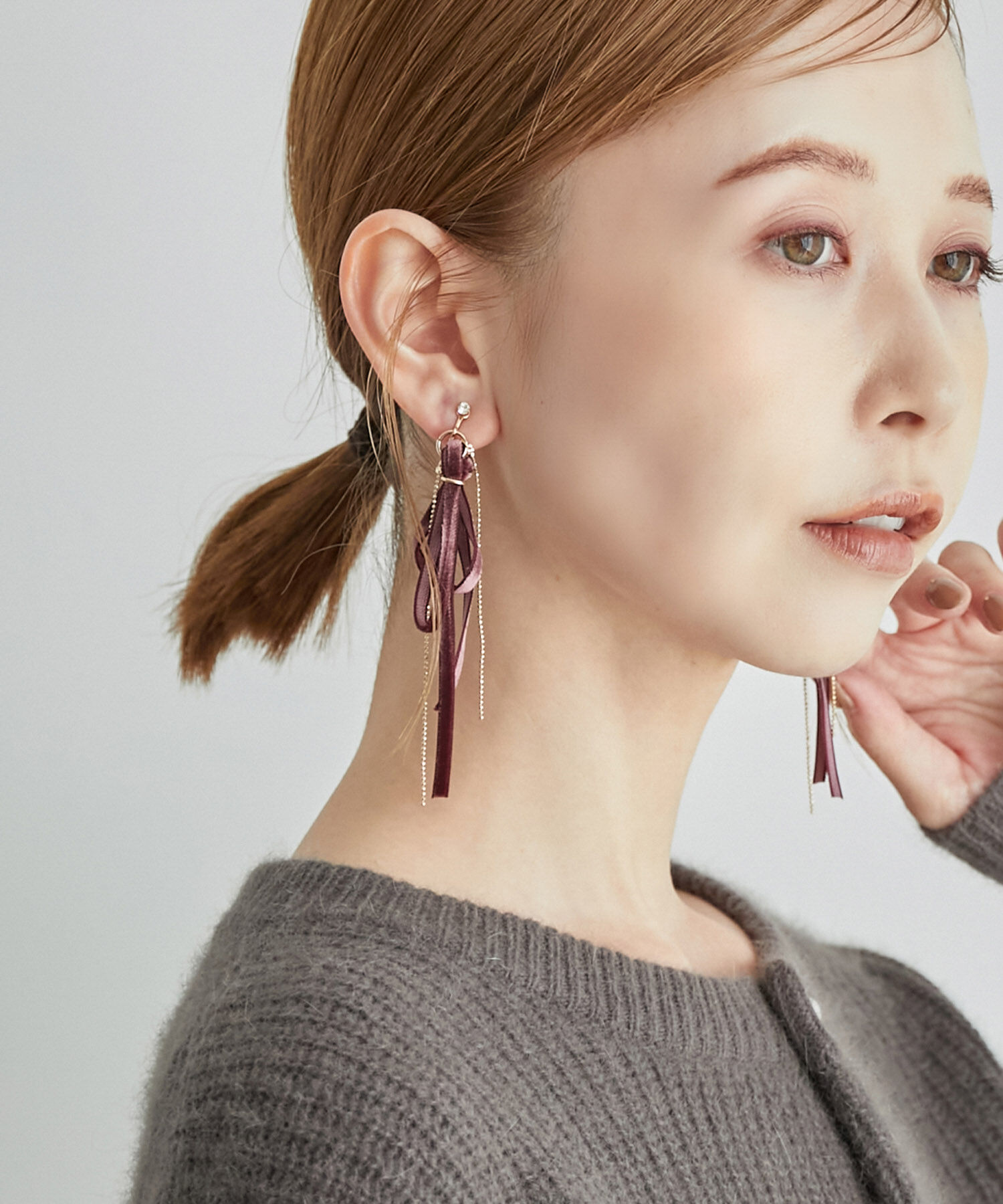 ROPE PICNIC PASSAGE「ベロアリボン&times;チェーンイヤリング」|イヤリング|ピンク系(65)