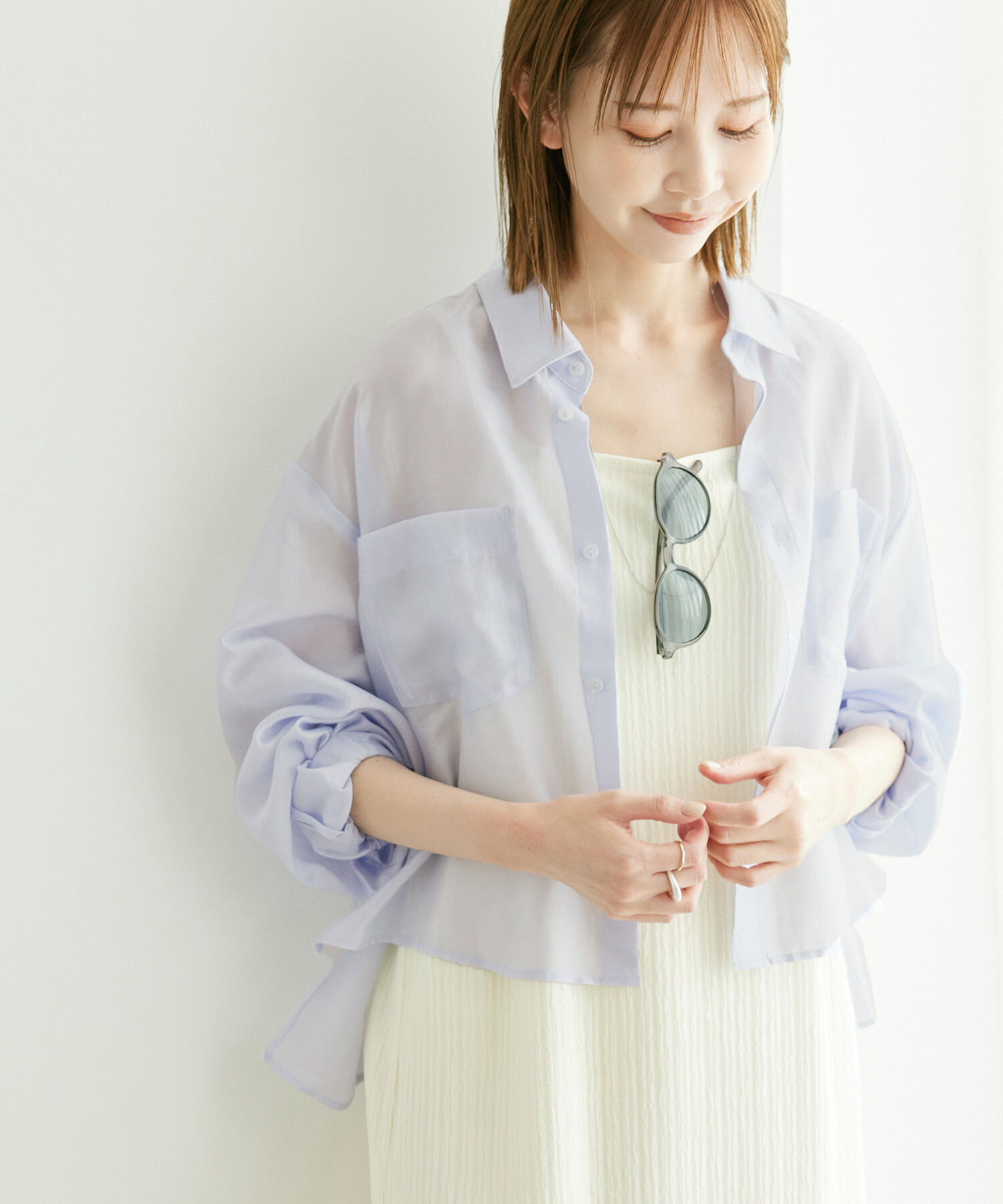 Rope&rsquo;Picnic「【ご好評につき追加生産・新色追加】クロップドシアーシャツ」|シャツ・ブラウス|サックス(48)