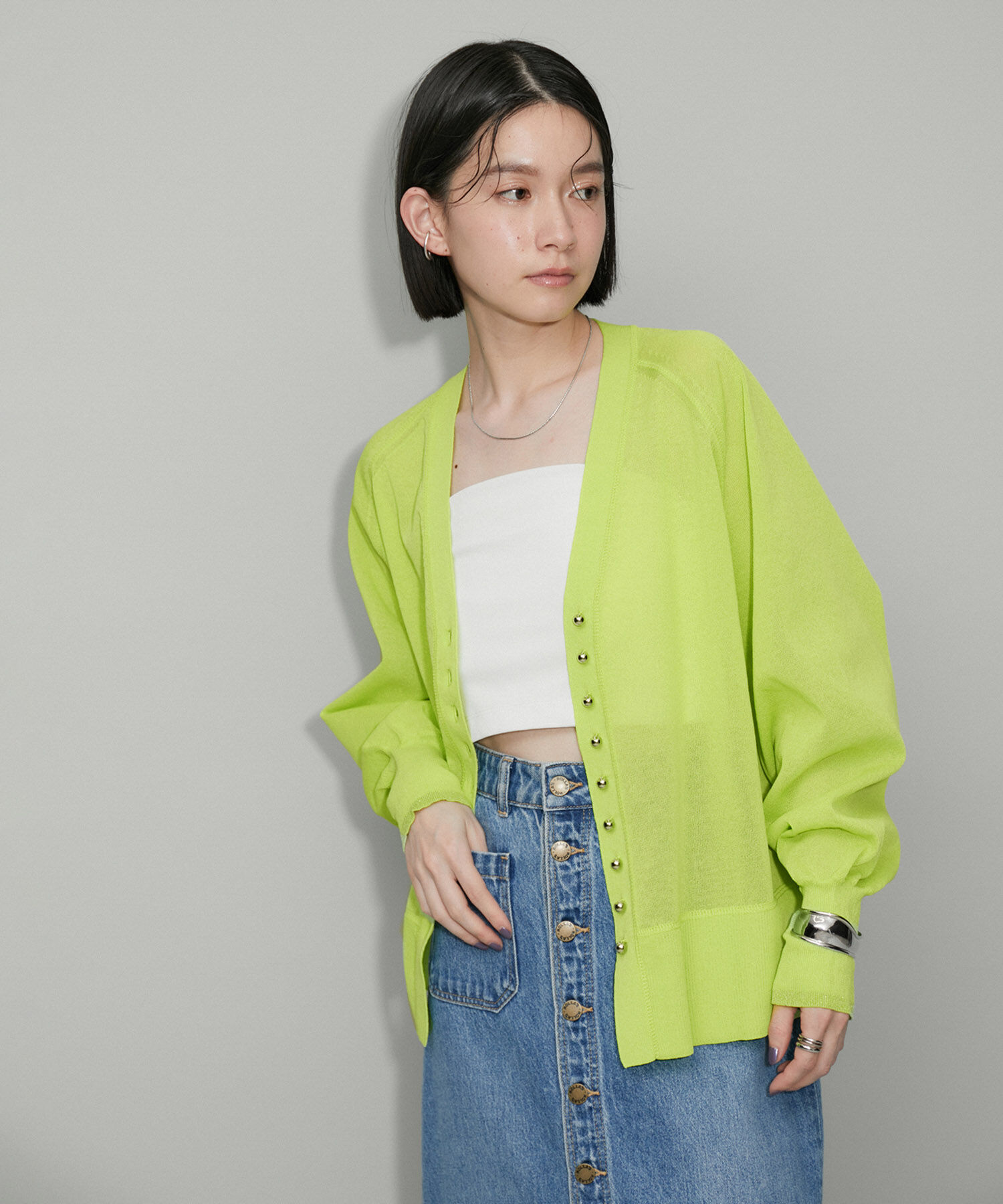 ADAM ET ROPE'「【WEB限定・洗える・追加】ポイントシアーニットカーディガン」|カーディガン|ライトグリーン(33)