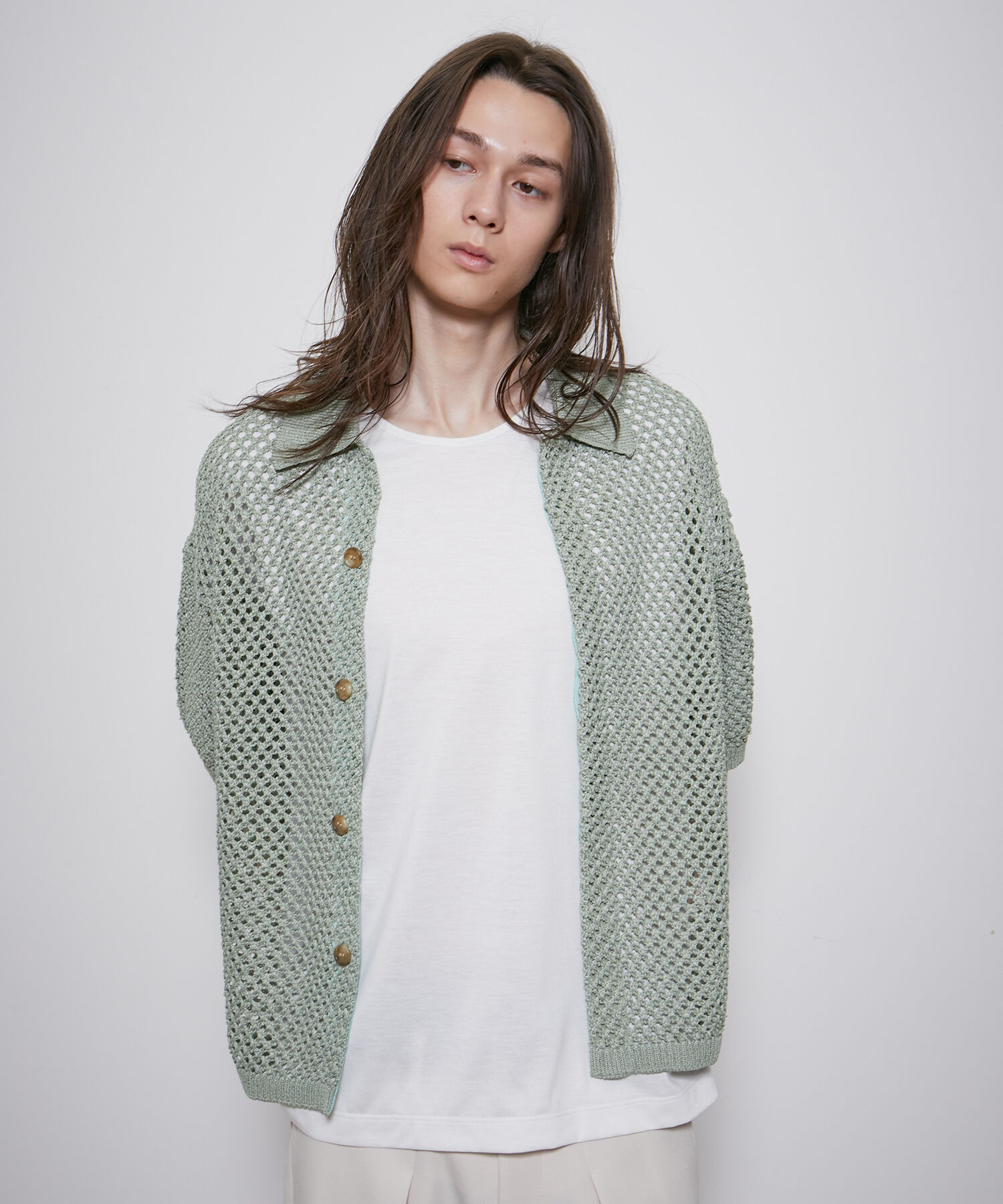 ADAM ET ROPE'「【透かし編みニット】シアー ハーフスリーブ カーディガン / シースルー / サスティナブル / ユニセックス」|カーディガン|