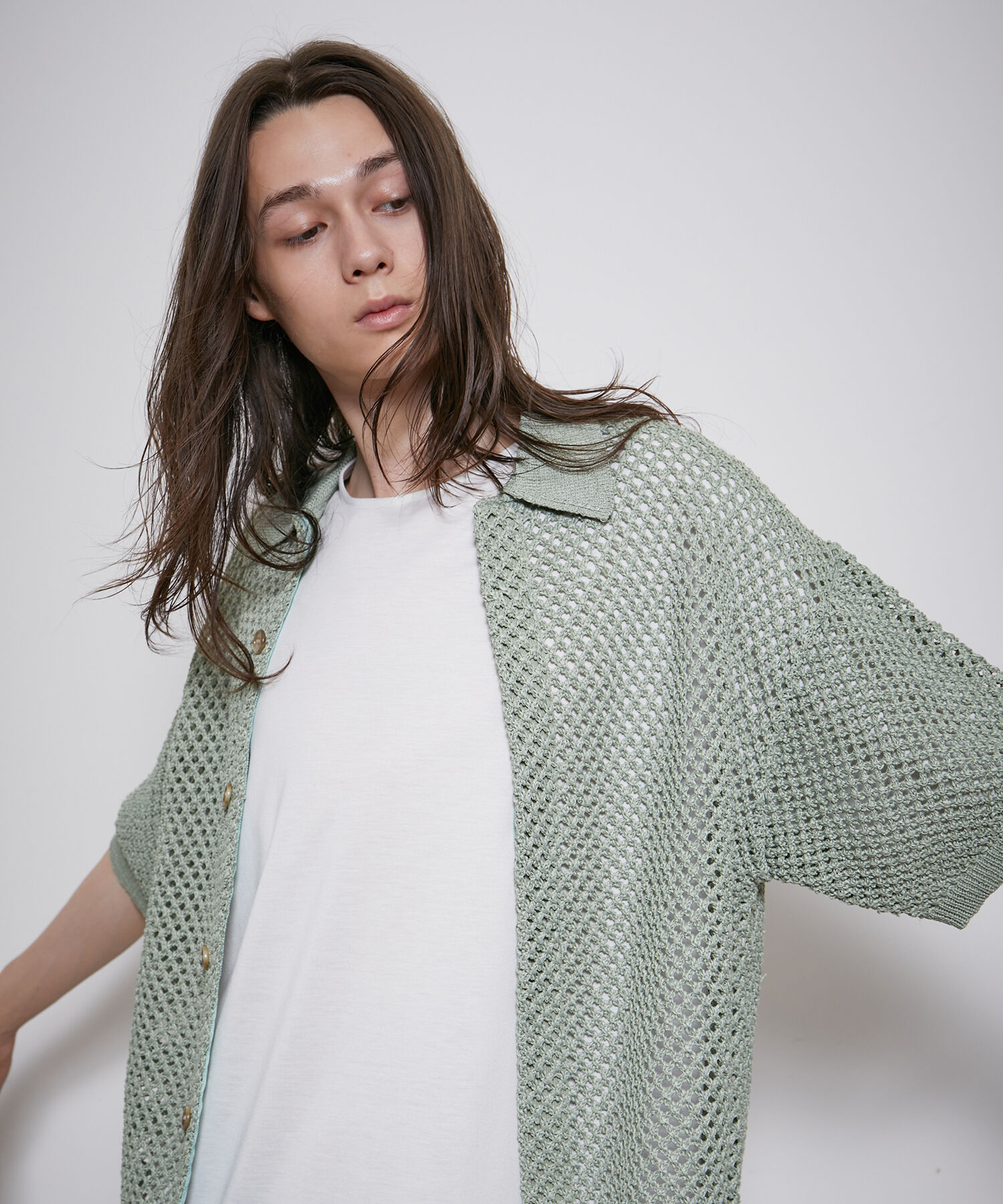 ADAM ET ROPE'「【透かし編みニット】シアー ハーフスリーブ カーディガン / シースルー / サスティナブル / ユニセックス」|カーディガン|