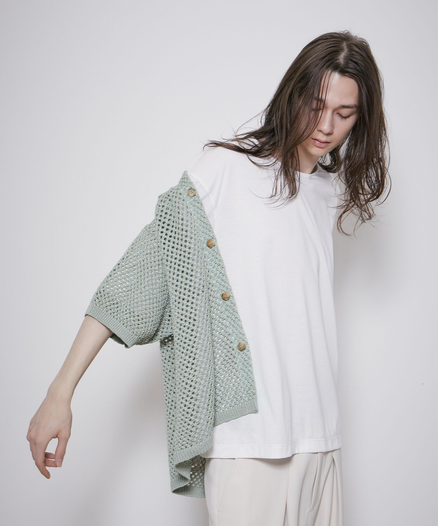 ADAM ET ROPE'「【透かし編みニット】シアー ハーフスリーブ カーディガン / シースルー / サスティナブル / ユニセックス」|カーディガン|