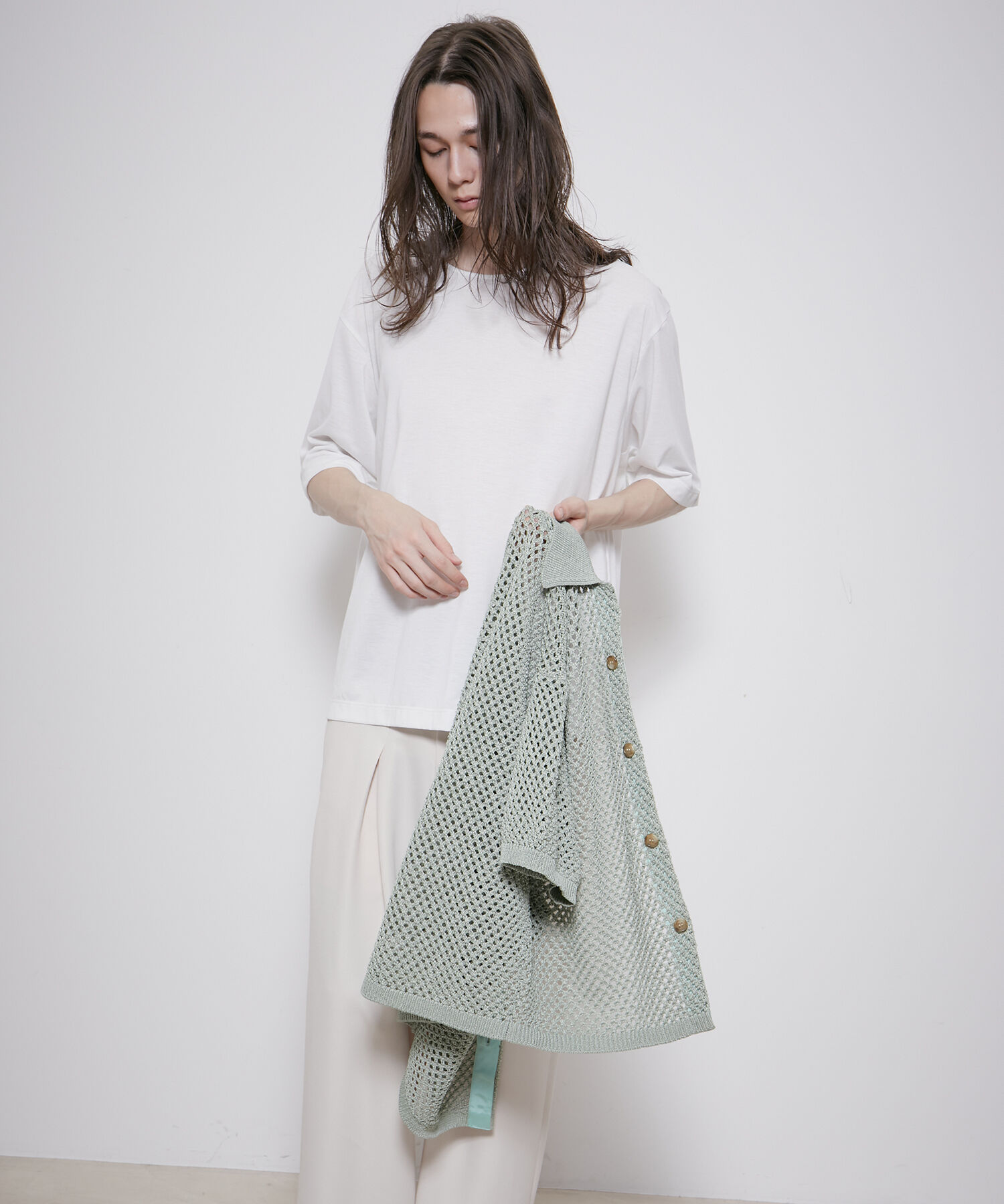 ADAM ET ROPE'「【透かし編みニット】シアー ハーフスリーブ カーディガン / シースルー / サスティナブル / ユニセックス」|カーディガン|