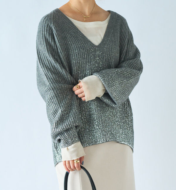  「深V箔プリントニット」|ニット・セーター|グレー