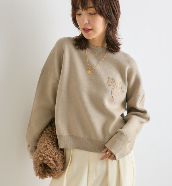  「【キャッチーなロゴがポイント】パイル刺繍ニット」|ニット・セーター|ベージュ