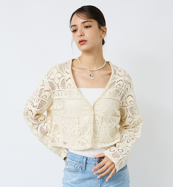 Rouge vif「【Le Melange/ル・メランジュ】モチーフレースカーディガン/レース素材【」|カーディガン|